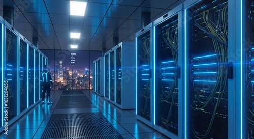 Data center server room with system administrator observing digital network. Concept for cloud computing infrastructure management, data security analysis and network hardware installation