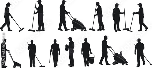 Silhouette cleaning workers vector, janitor icons, people using mop, vacuum, bucket, floor sweeper, professional cleaner illustrations, black design elements