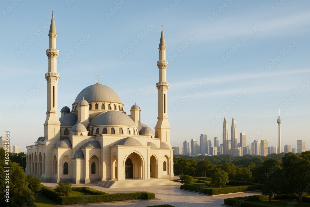 Obraz premium Majestic mosque with domes and minarets in foreground under soft daylight, modern city skyline in distant background with clear blue sky.
