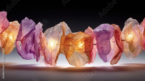 A series of paper flower-shaped lights in a gradient of colors.