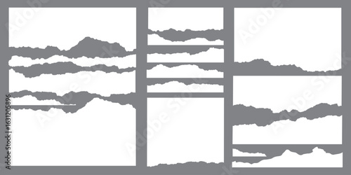 White realistic torn or ripped paper strip collection with grunge edges. Rips paper texture vector art background