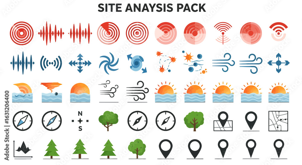 Collection of colorful site analysis icons, including sound waves, weather patterns, compass, trees, and location markers.