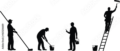 Silhouette of construction painters painting wall with roller, bucket, brush, and ladder, teamwork concept, home renovation vector illustration