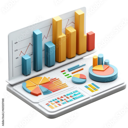 Colorful financial charts and graphs, displaying business data, insights on transparent background