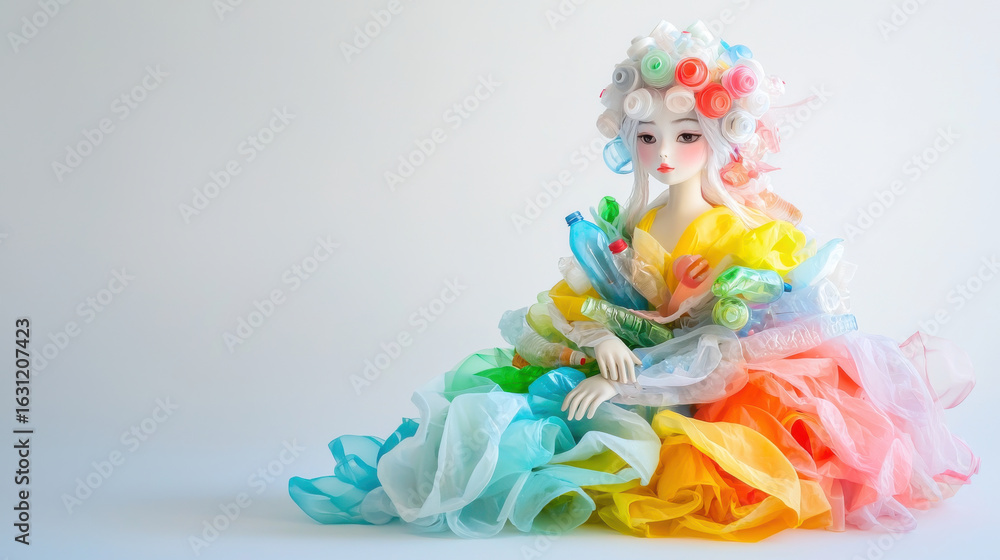 Fototapeta premium Colorful doll with plastic bottle curls and flowing fabric dress sits gracefully on white background