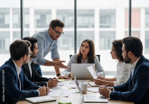 Business team engaged in a focused meeting around a conference table, with a manager presenting information from a laptop to attentive colleagues