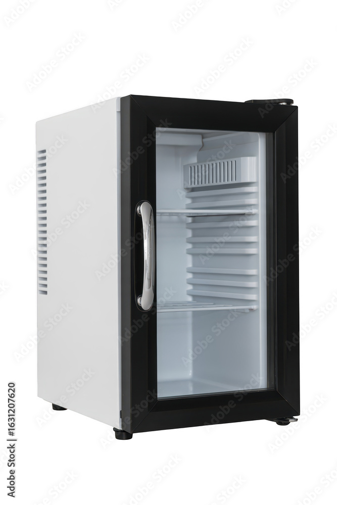 Fototapeta premium Compact mini refrigerator with glass door isolated on transparent background