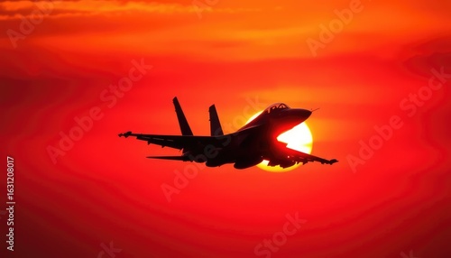 Military fighter jet silhouette during sunset training mission, intense red and orange sky backdrop 2