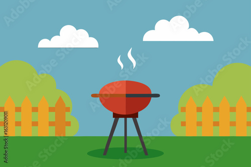barbecue grill smoking in sunny backyard