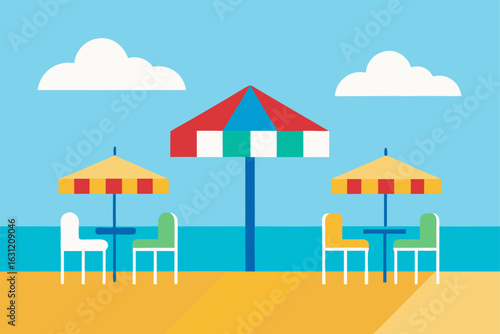 beachside cafe with colorful chairs and umbrellas