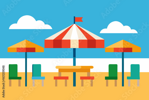 beachside cafe with colorful chairs and umbrellas summer vibes