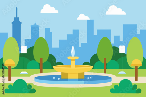 city park with fountains and summer sunlight
