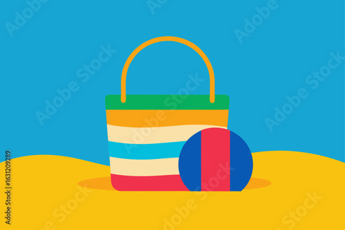 colorful beach bag and towel on sand summer essentials