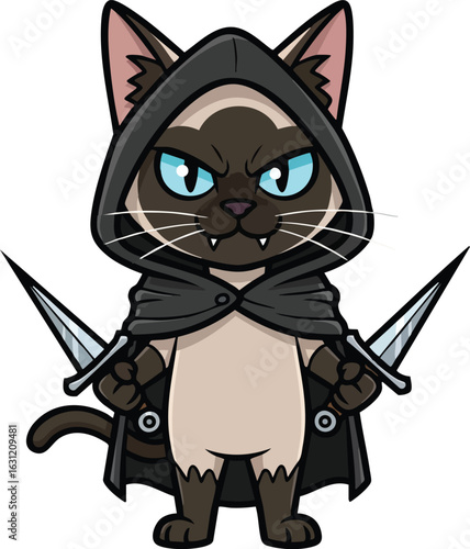 Sly cartoon Siamese cat as a fantasy Rogue character with daggers. Vector illustration of a Dungeons and Dragons inspired pet adventurer in a hooded cloak.