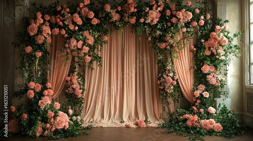 Elegant floral backdrop with peach drapes