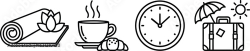 Vector art of icon set representing relaxation, morning coffee, time management, and travel perfect for websites, apps, and promotional materials