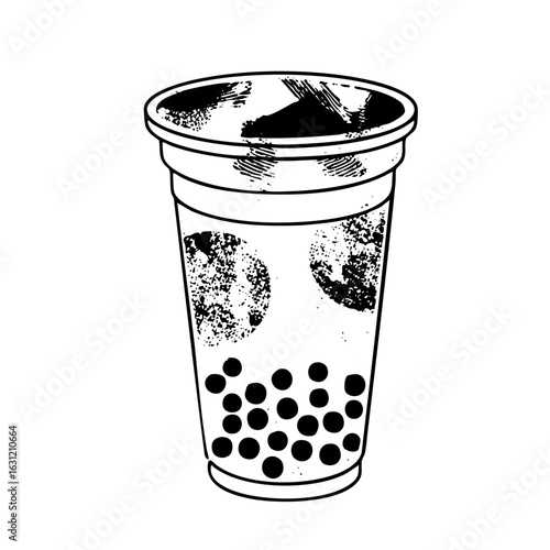 Vector Black and white of a bubble tea with tapioca pearls.