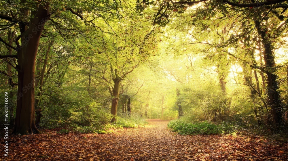 Naklejka premium Sunlit woodland path through vibrant foliage.