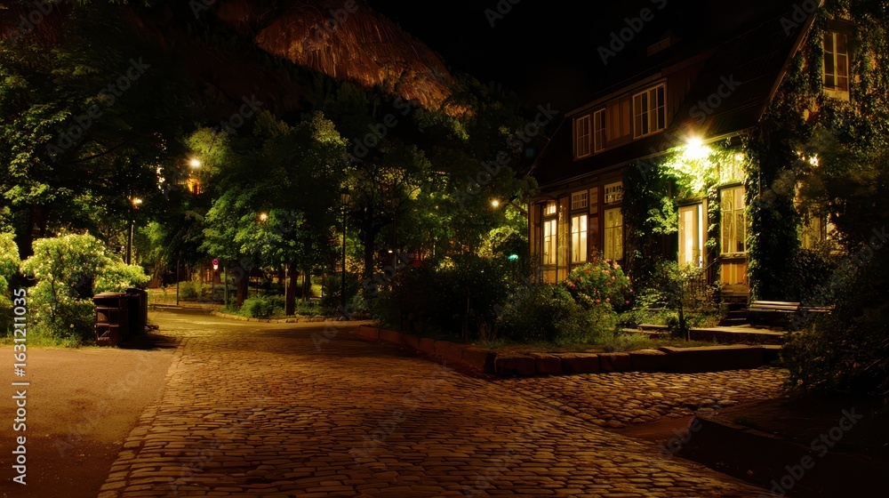 Fototapeta premium Cobblestone street at night with trees and houses.