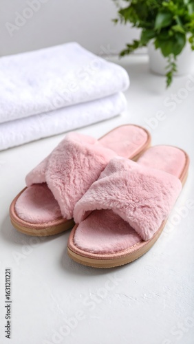 Pink fluffy slippers with a crossover strap, next to folded towels