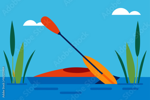 kayaking through reeds in quiet summer lake tranquil waters