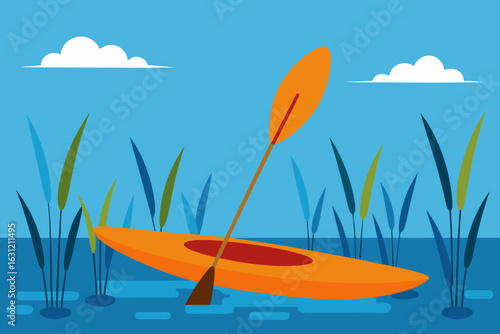 kayaking through reeds in quiet summer lake