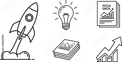Illustration of startup concept with rocket launch, light bulb, pitch deck, document with graph and arrow up