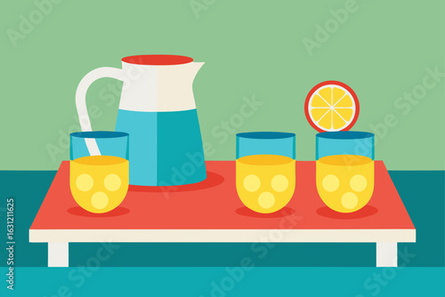 lemonade pitcher and glasses on picnic table refreshing drink