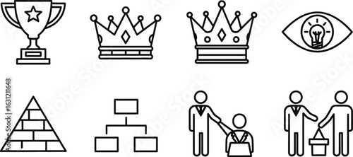 Vector art of line art icons representing business concepts such as leadership, success, vision, strategy, organization, goal, development, planning