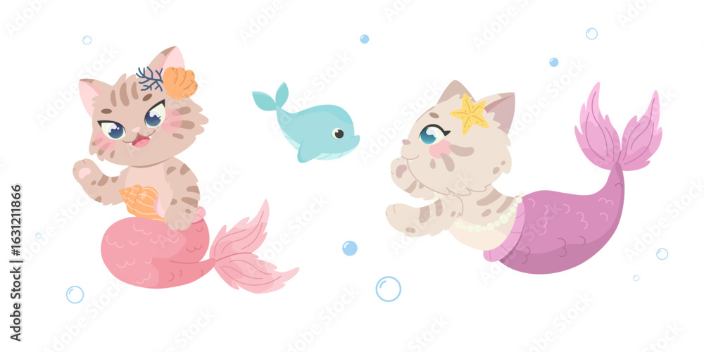 Obraz premium Set of fairytale little mermaid kittens. Cute children's characters. Kawaii sea animals. Cats vector illustration