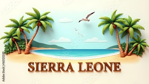 Wallpaper Mural 3D illustration of Bangu Beach, known for its pristine golden sand, clear water, and peaceful, serene atmosphere. The word 'Sierra Leone' in 3D letters below. 2 Torontodigital.ca