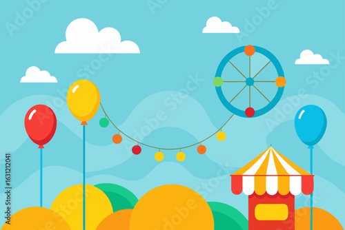 summer fairground with colorful balloons in sky