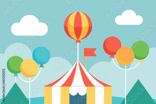 summer fairground with colorful balloons in sky joyful event
