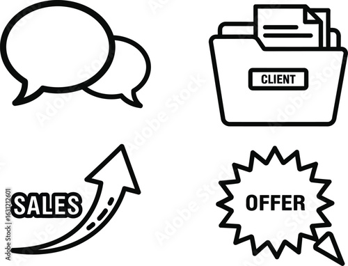 Vector art of line art icons featuring speech bubbles, a client folder, a sales arrow, and an offer symbol, perfect for business and marketing concepts