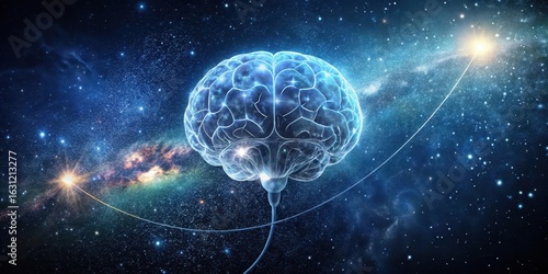 Cosmic Consciousness A luminous human brain, seemingly connected to distant stars and galaxies, evokes a sense of profound intellectual exploration and the boundless mysteries of the universe.
