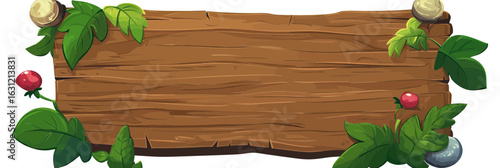 Horizontal wooden signboard with green leaves and red mushrooms in cartoon style blank rustic natural frame for game or book design vector illustration