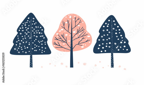 Minimalist flat vector illustration of three stylized winter trees with snowflakes and bare branches on white background, seasonal forest design