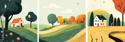 Minimalist vector illustration of rural landscape with houses trees rolling hills autumn colors and cloudy sky in flat style