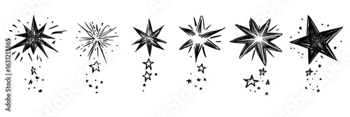 Set of hand drawn ink sketch stars and sparkles vector icons with different pointed shapes isolated on white background for cosmic space design elements collection
