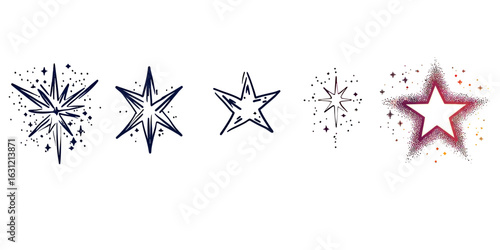 Set of hand drawn star icons with sparkle and glitter effects, outline and filled magic twinkle shapes for festive decoration and design elements vector illustration