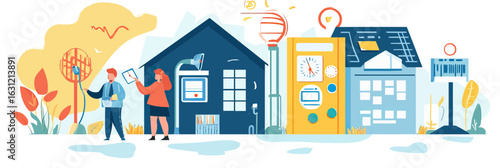 Flat minimalist illustration of smart home energy monitoring with characters checking electricity meter, solar panels, and heating system for household efficiency audit concept
