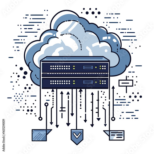 Cloud computing data server with digital secure connection arrows network storage technology internet protection concept sketch vector illustration
