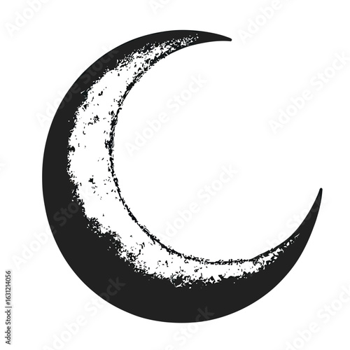 Black crescent moon silhouette with textured distressed grunge design isolated on white background flat minimalist vector art digital illustration