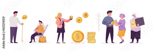 Flat minimalist vector illustration of diverse people investing money in pension fund, seniors saving coins for retirement, financial planning concept with coin stacks and dollar signs