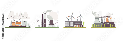 Renewable wind turbines solar panels and industrial factories with smoke stacks illustrating clean energy transition and pollution impact in flat design vector