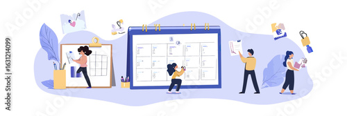 People interacting with wall calendars and planners organizing schedules and notes in flat minimalist vector illustration style planning concept