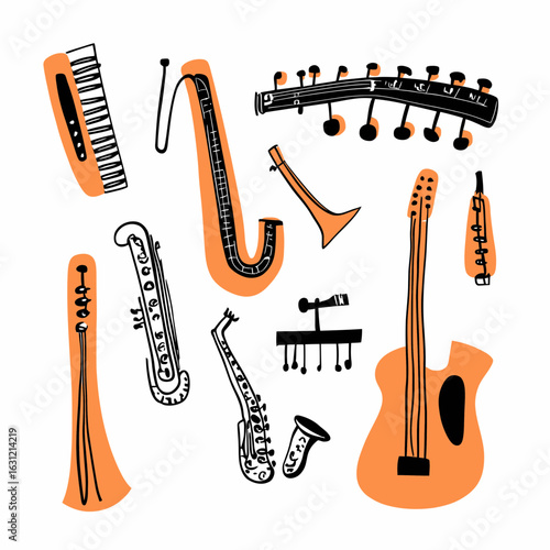 Hand drawn vector set of musical instruments including guitar, saxophone, trumpet, keyboard, and stringed instruments in doodle sketch style with orange highlights on white background