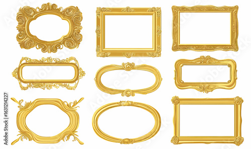 Set of nine ornate vintage gold picture frames with intricate baroque and rococo decorative elements on white background vector illustration