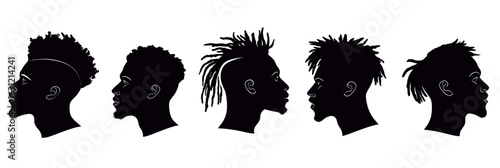 Silhouettes of African American male profiles with diverse modern hairstyles including afro, dreadlocks, and spiked hair in minimalist flat vector style on white background