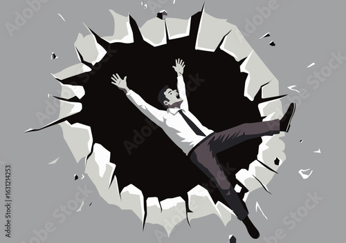 Frightened businessman falling into large hole broken concrete floor symbolizing crisis risk failure accident or financial downfall in flat minimalist style vector illustration